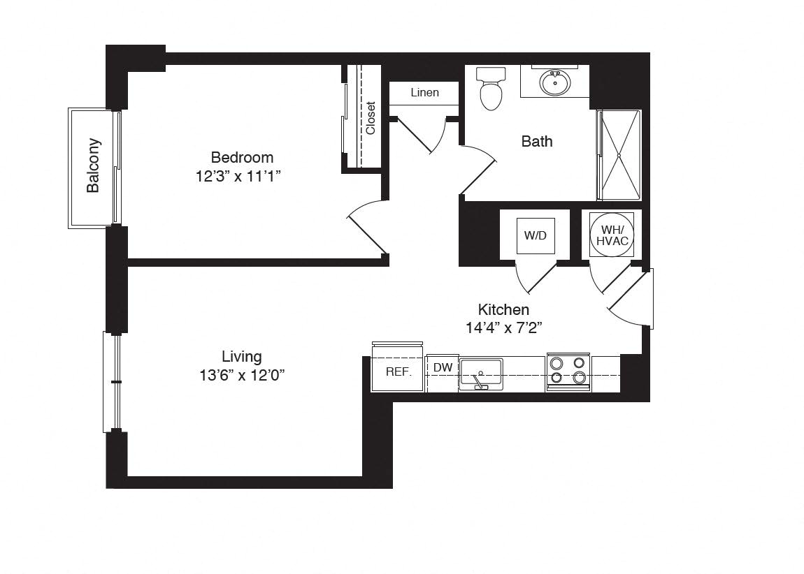 Floor plan for 1 bed, 1 bath, 684 sqft