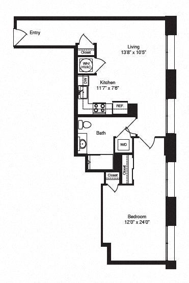 Floor plan for 1 bed, 1 bath, 819 sqft