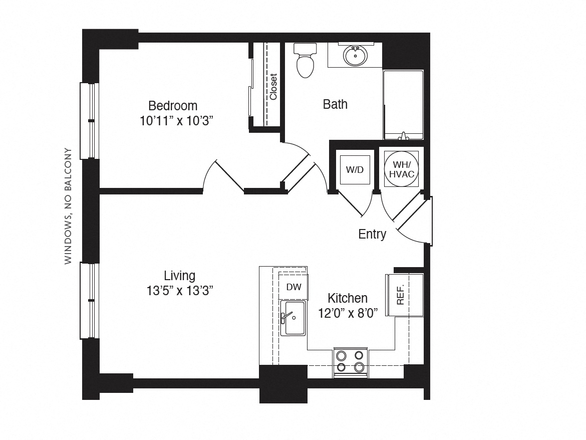 Floor plan for 1 bed, 1 bath, 609 sqft