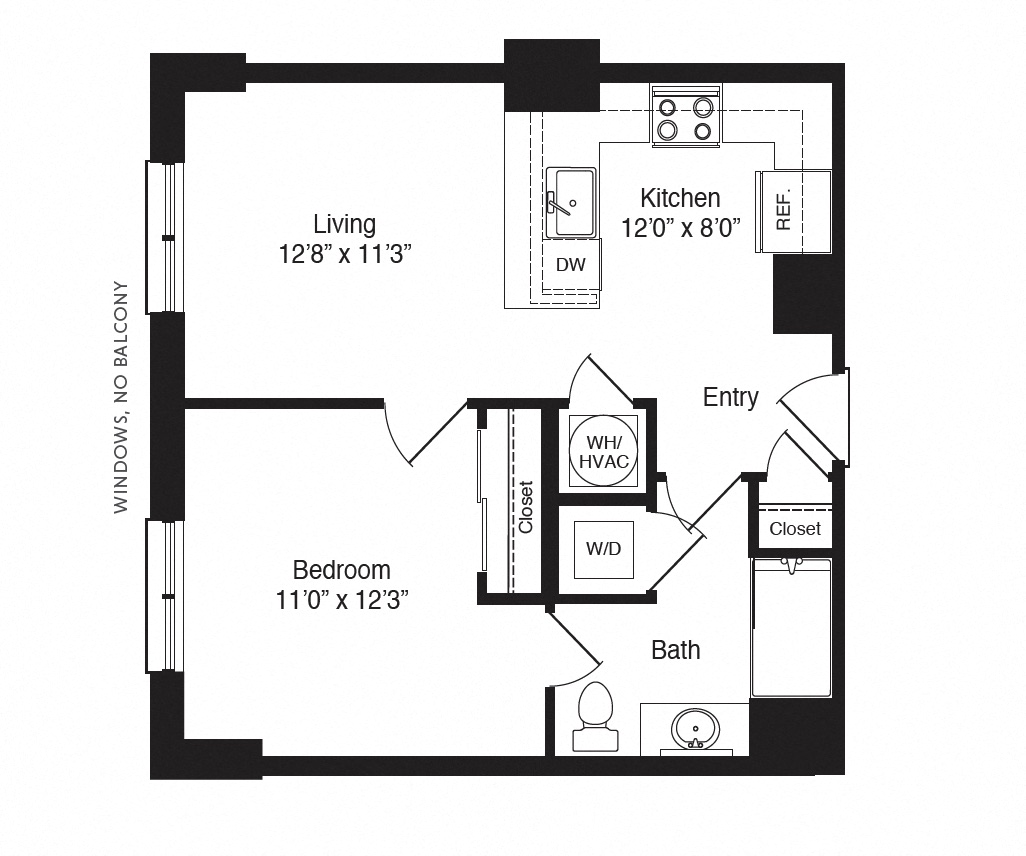 Floor plan for 1 bed, 1 bath, 887 sqft
