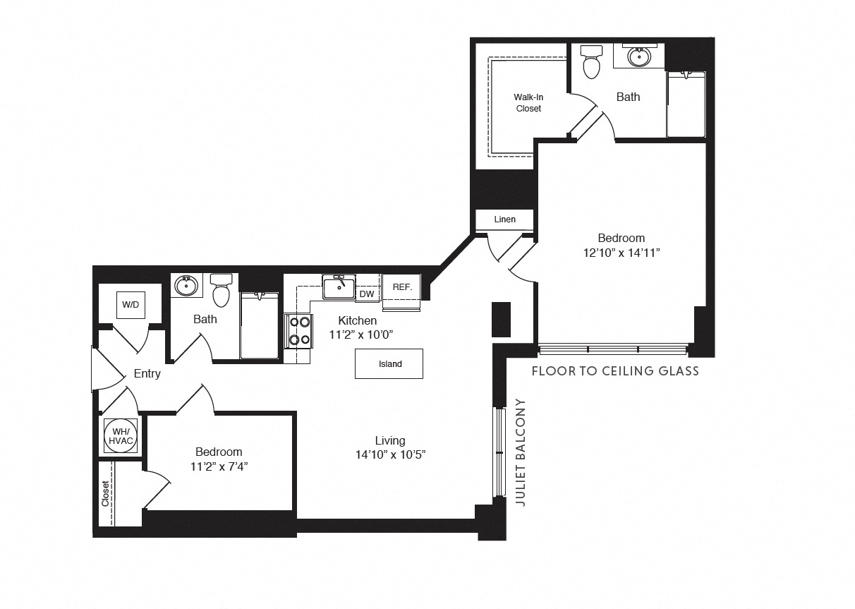 Floor plan for 1 bed, 2 baths, 1013 sqft