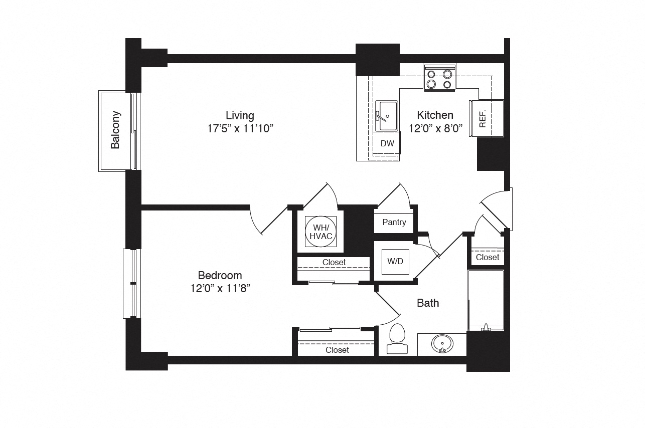 Floor plan for 1 bed, 1 bath, 761 sqft