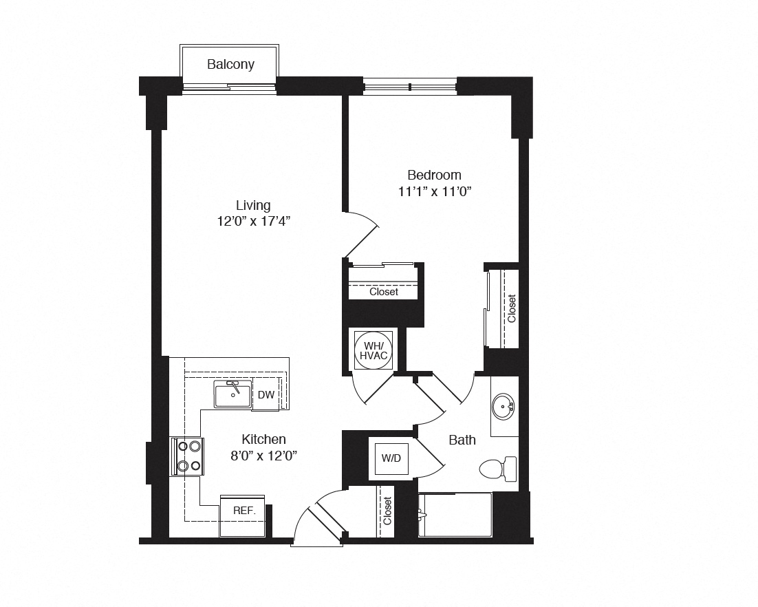 Floor plan for 1 bed, 1 bath, 742 sqft