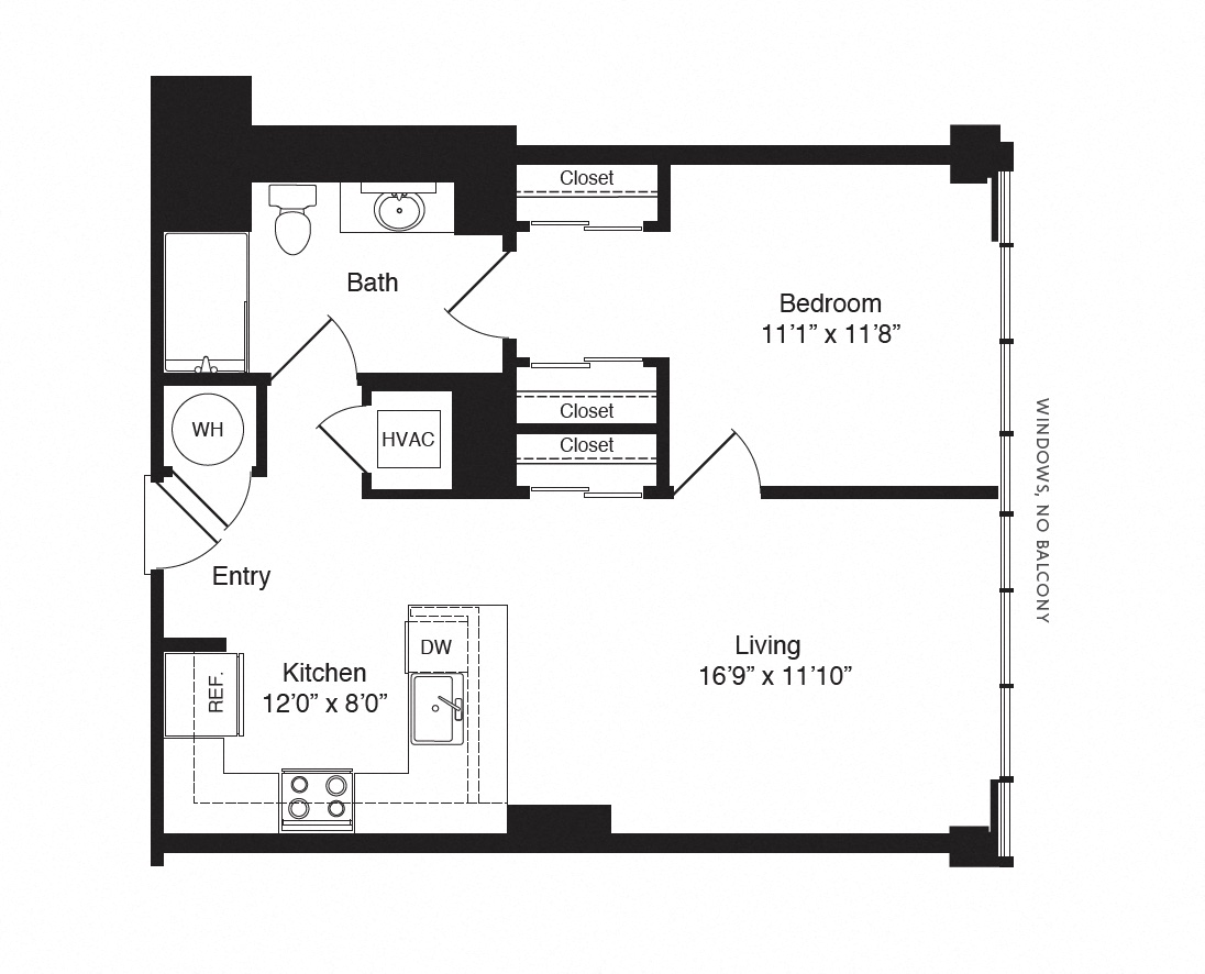 Floor plan for 1 bed, 1 bath, 725 sqft