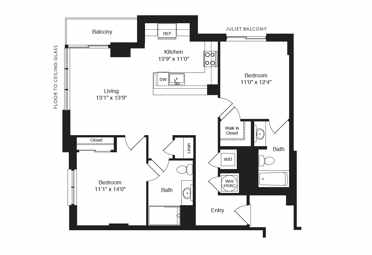 Floor plan for 2 beds, 2 baths, 1046 sqft