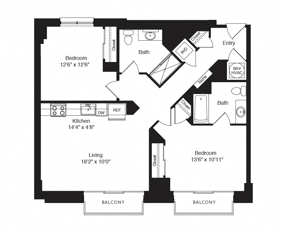 Floor plan for 2 beds, 2 baths, 1039 sqft