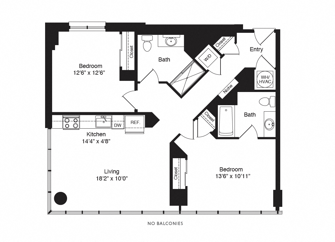 Floor plan for 2 beds, 2 baths, 1003 sqft