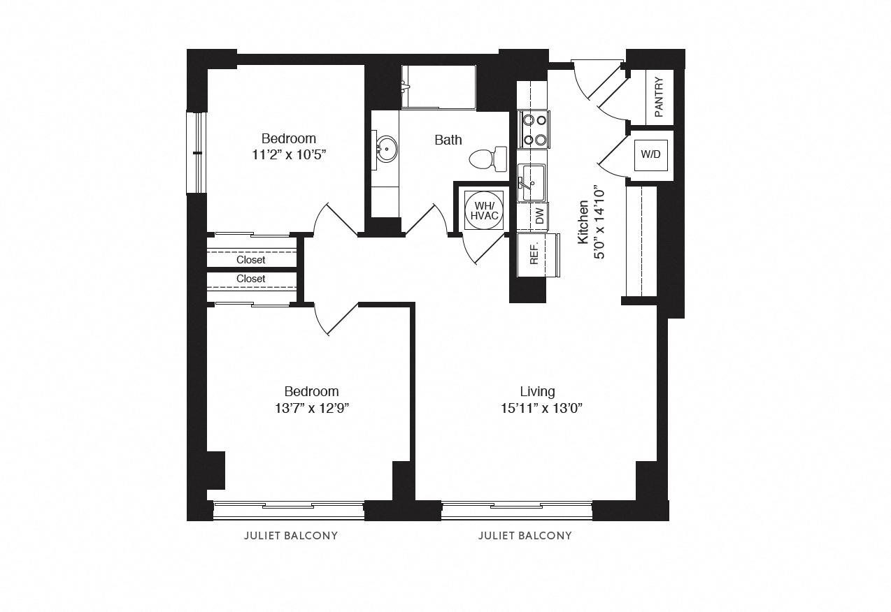 Floor plan for 2 beds, 1 bath, 924 sqft