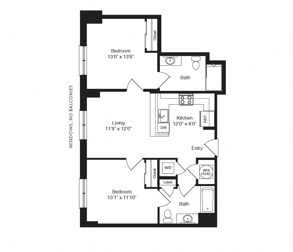 Floor plan for 2 beds, 2 baths, 892 sqft