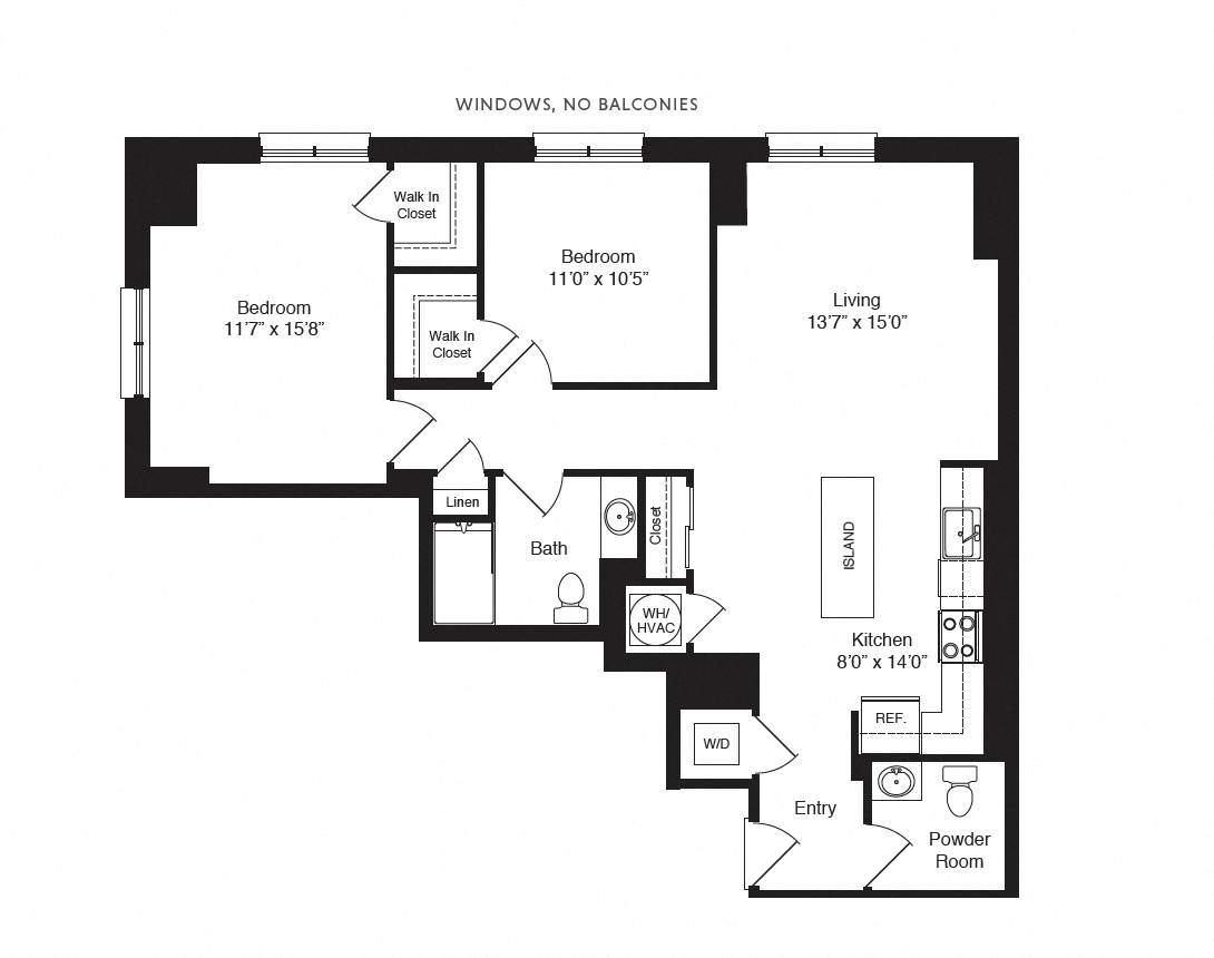 Floor plan for 2 beds, 2 baths, 1118 sqft