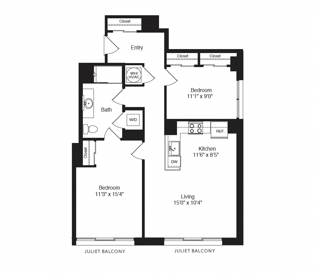 Floor plan for 2 beds, 1 bath, 885 sqft