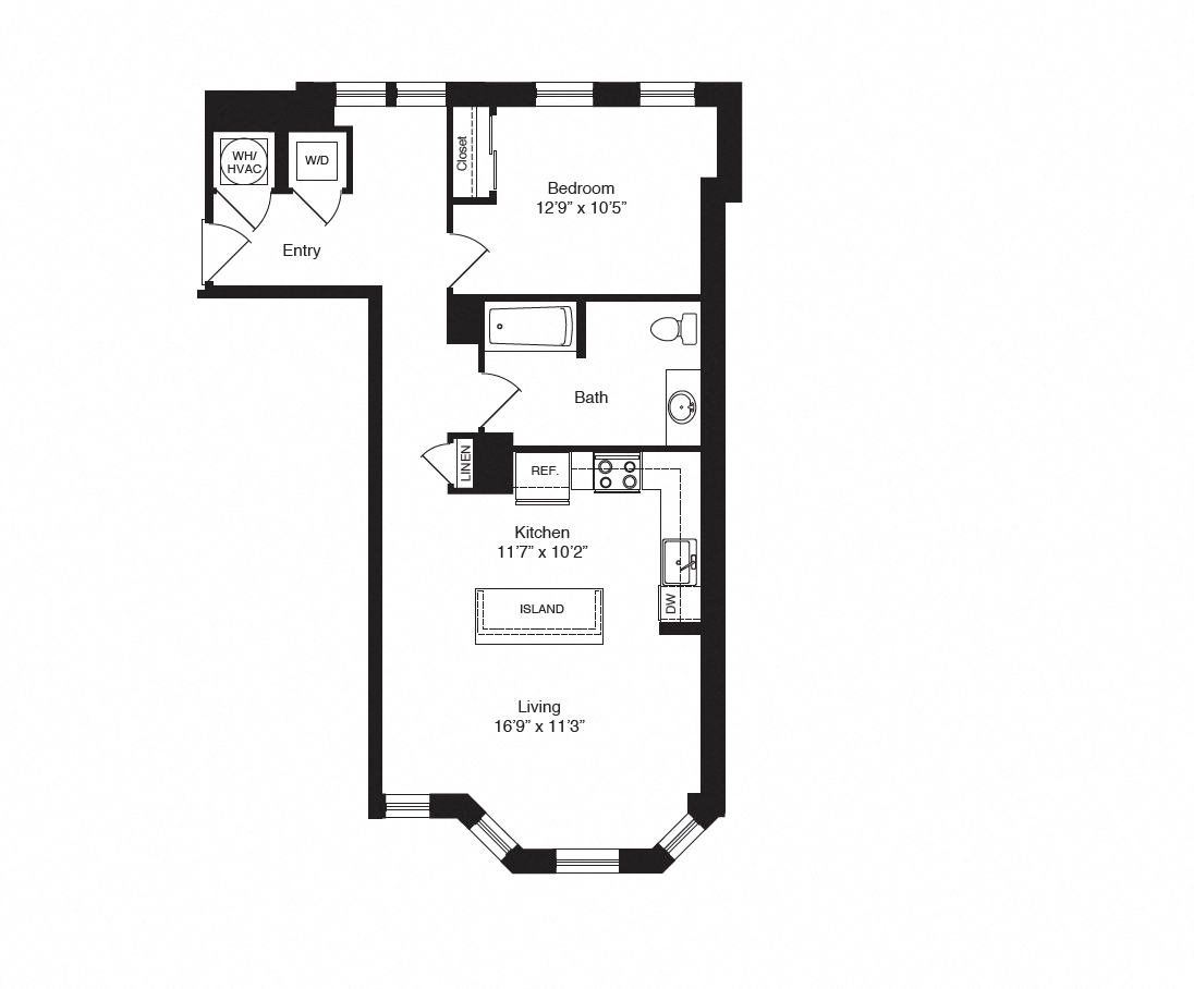 Floor plan for 1 bed, 1 bath, 840 sqft