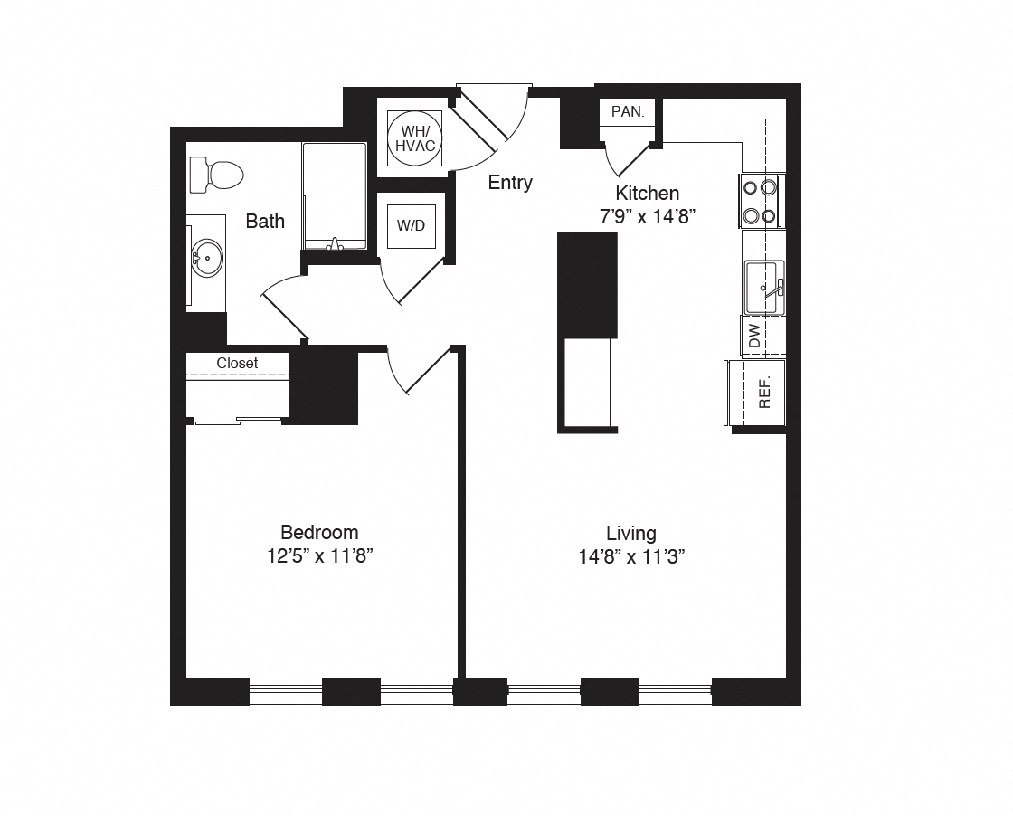 Floor plan for 1 bed, 1 bath, 769 sqft