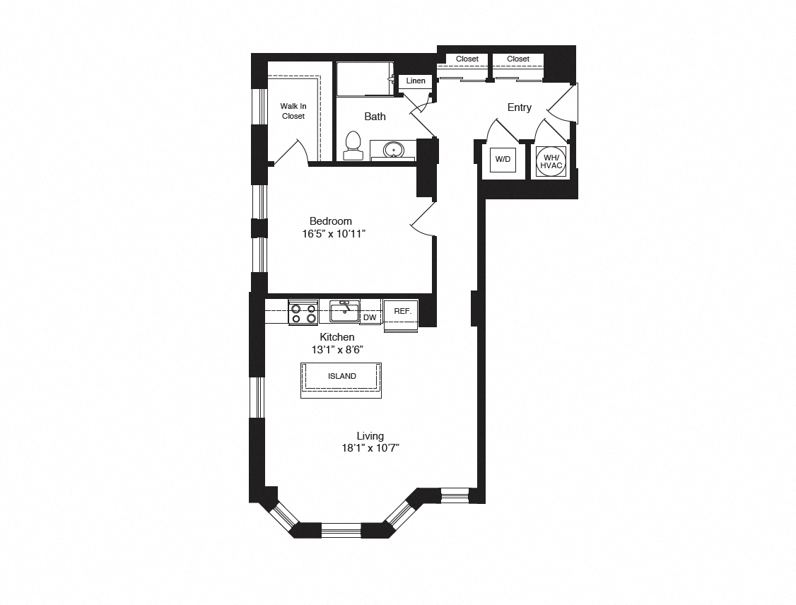 Floor plan for 1 bed, 1 bath, 855 sqft