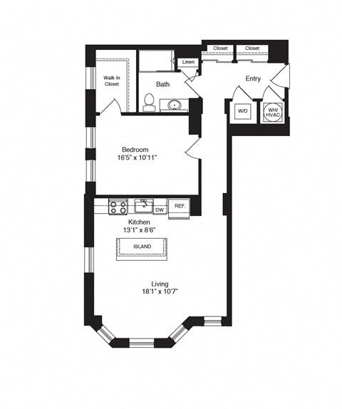 Floor plan for 1 bed, 1 bath, 841 sqft