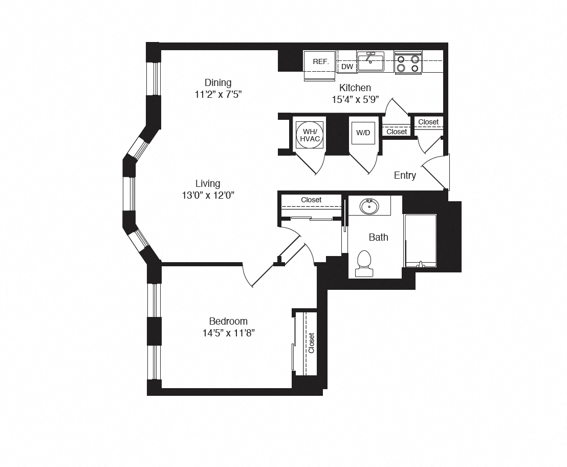 Floor plan for 1 bed, 1 bath, 791 sqft