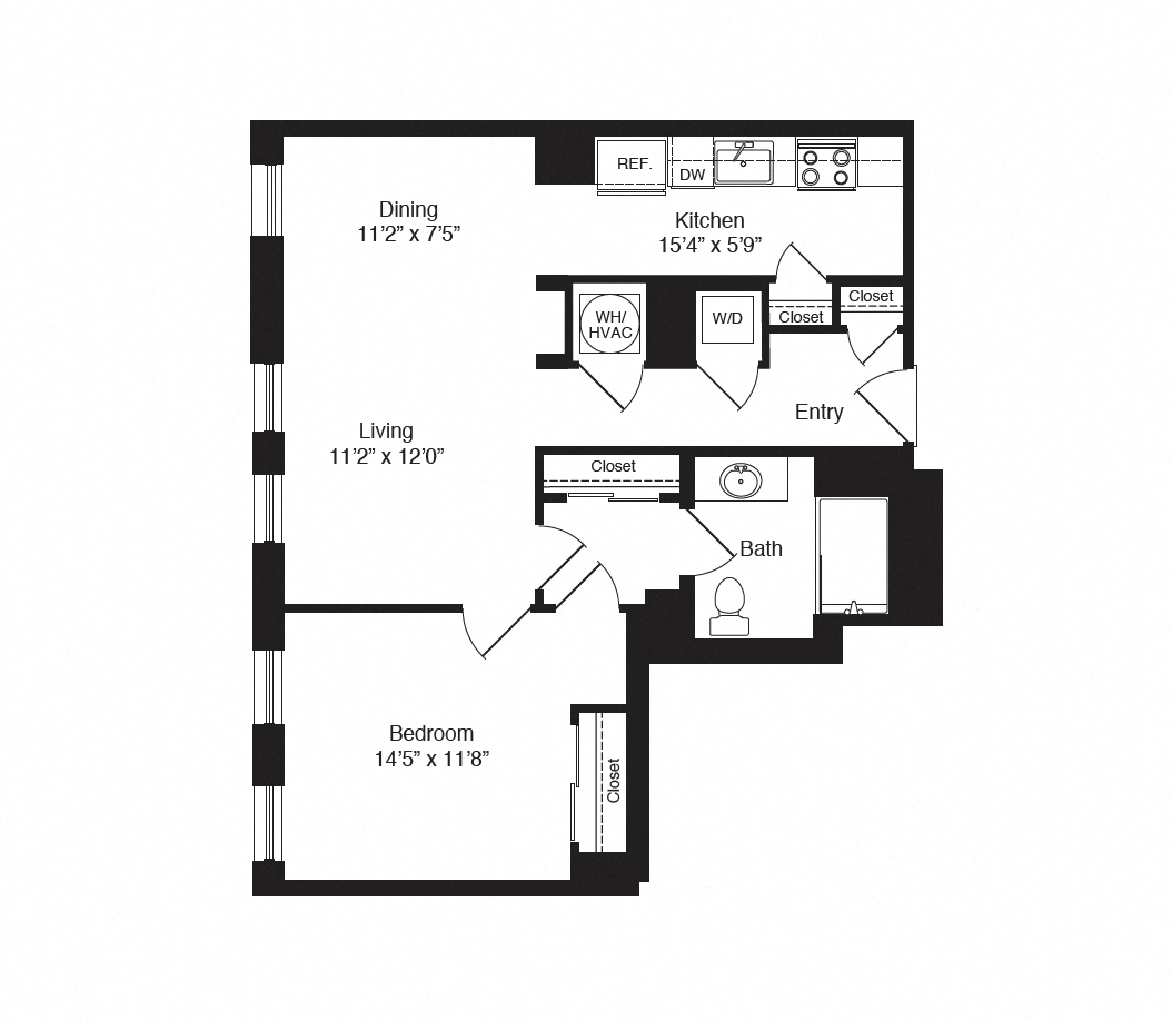 Floor plan for 1 bed, 1 bath, 764 sqft