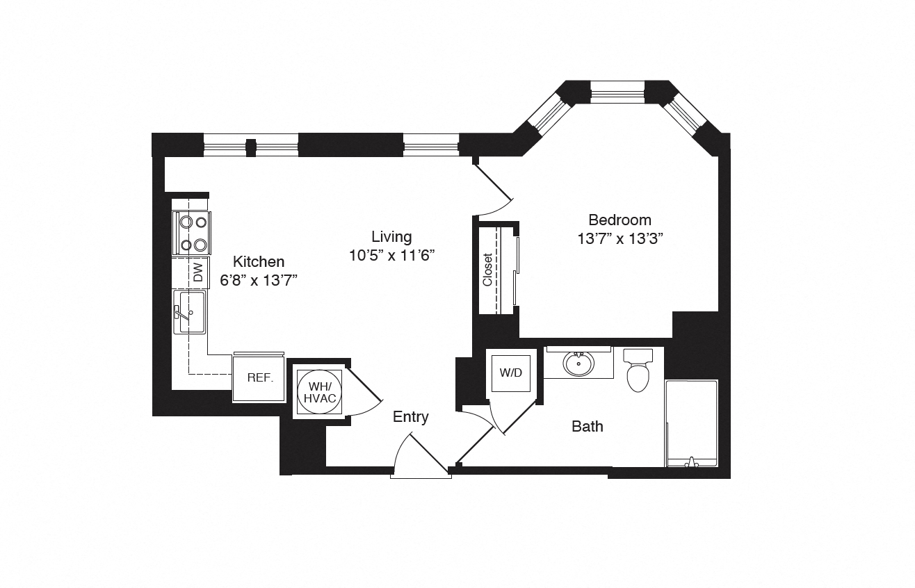 Floor plan for 1 bed, 1 bath, 602 sqft