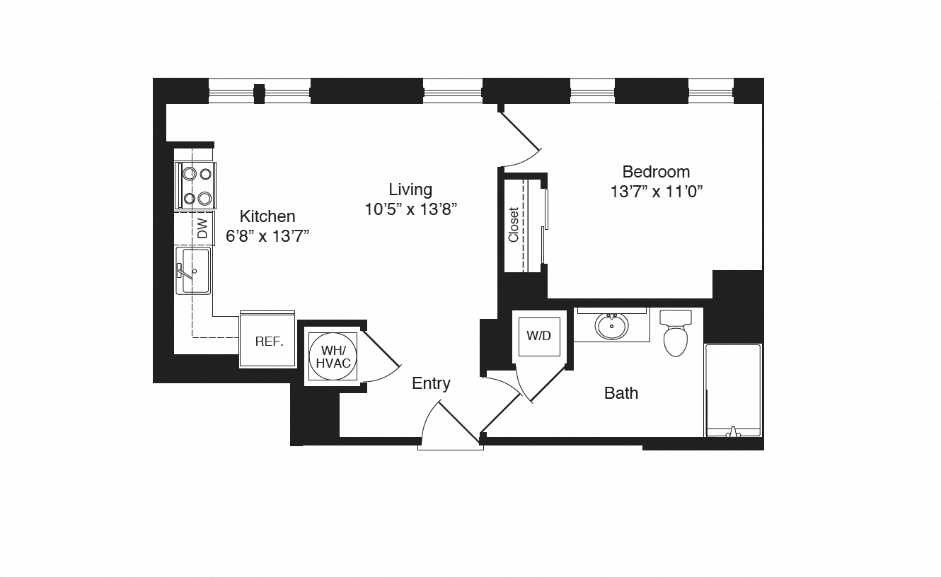 Floor plan for 1 bed, 1 bath, 579 sqft