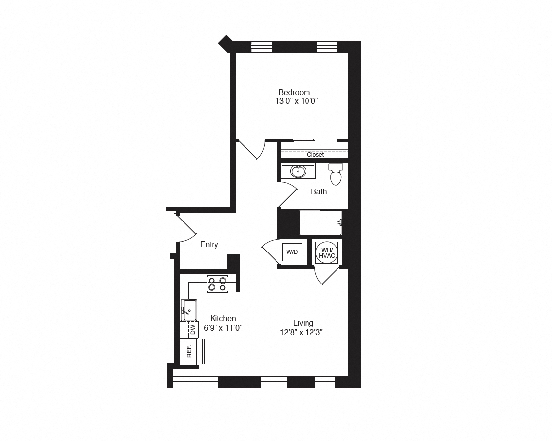 Floor plan for 1 bed, 1 bath, 673 sqft