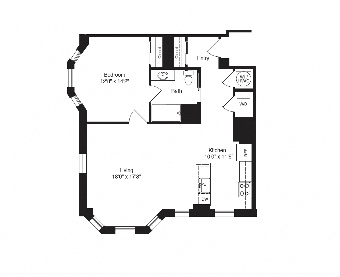 Floor plan for 1 bed, 1 bath, 875 sqft