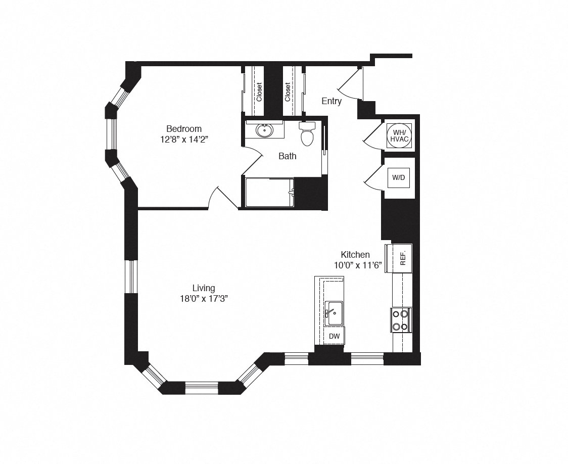 Floor plan for 1 bed, 1 bath, 919 sqft