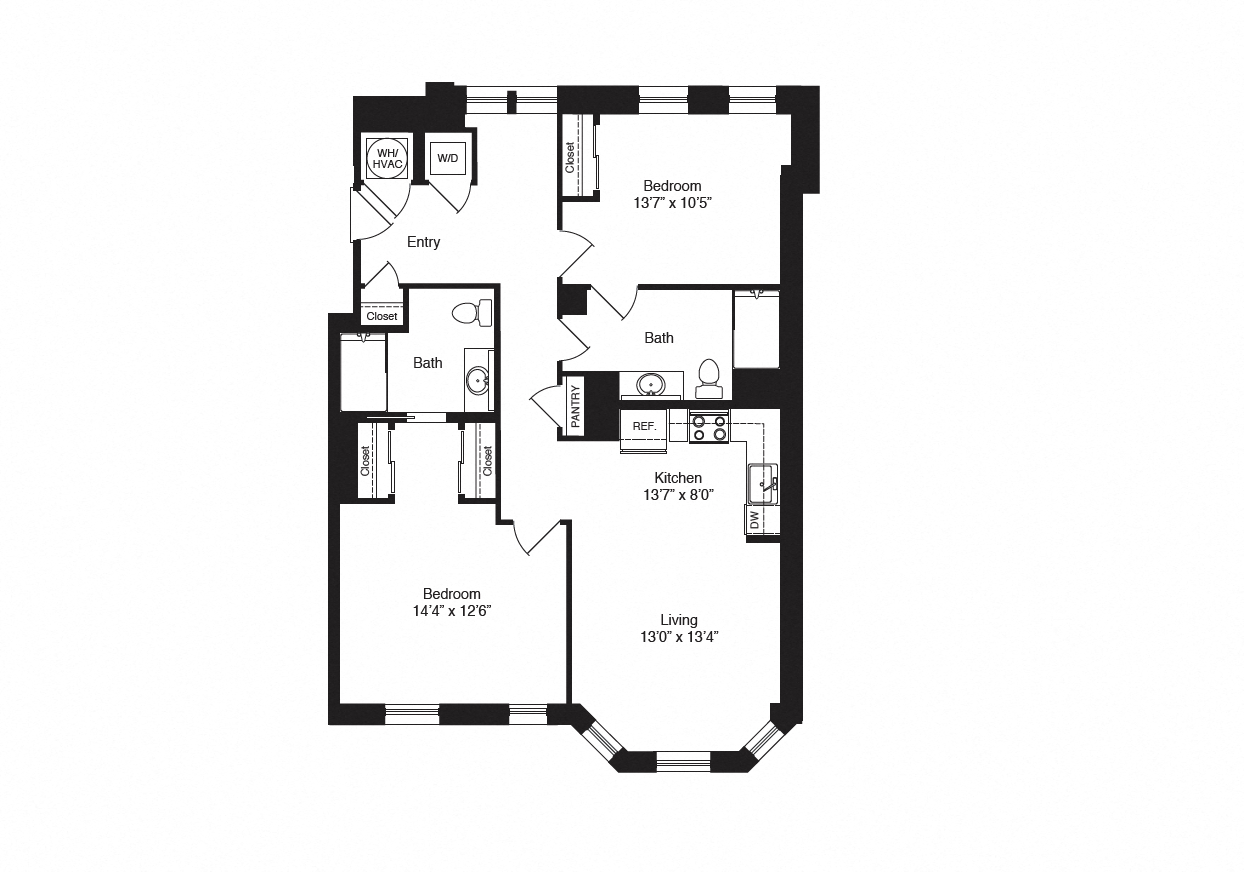 Floor plan for 2 beds, 2 baths, 1119 sqft