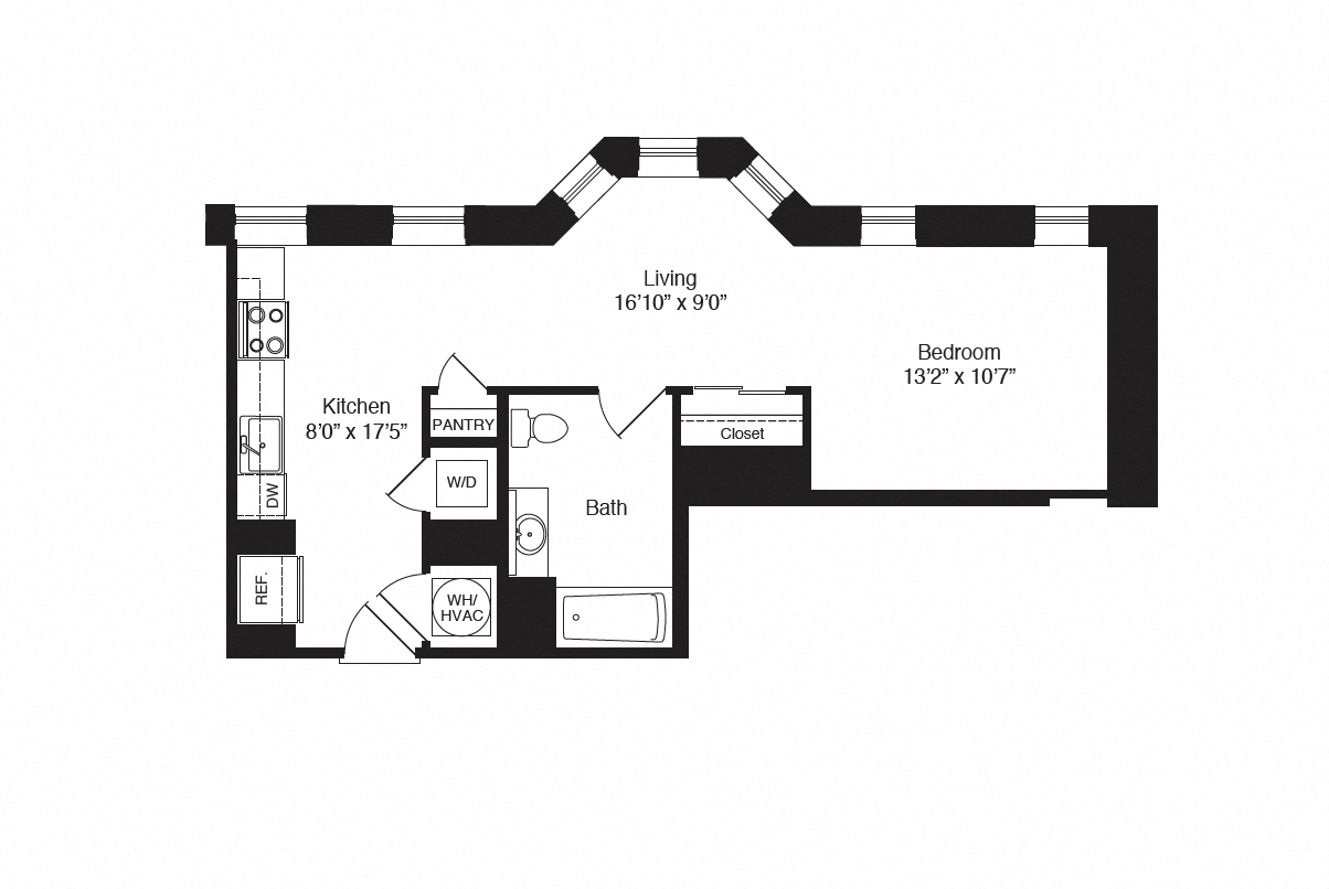 Floor plan for 1 bed, 1 bath, 629 sqft