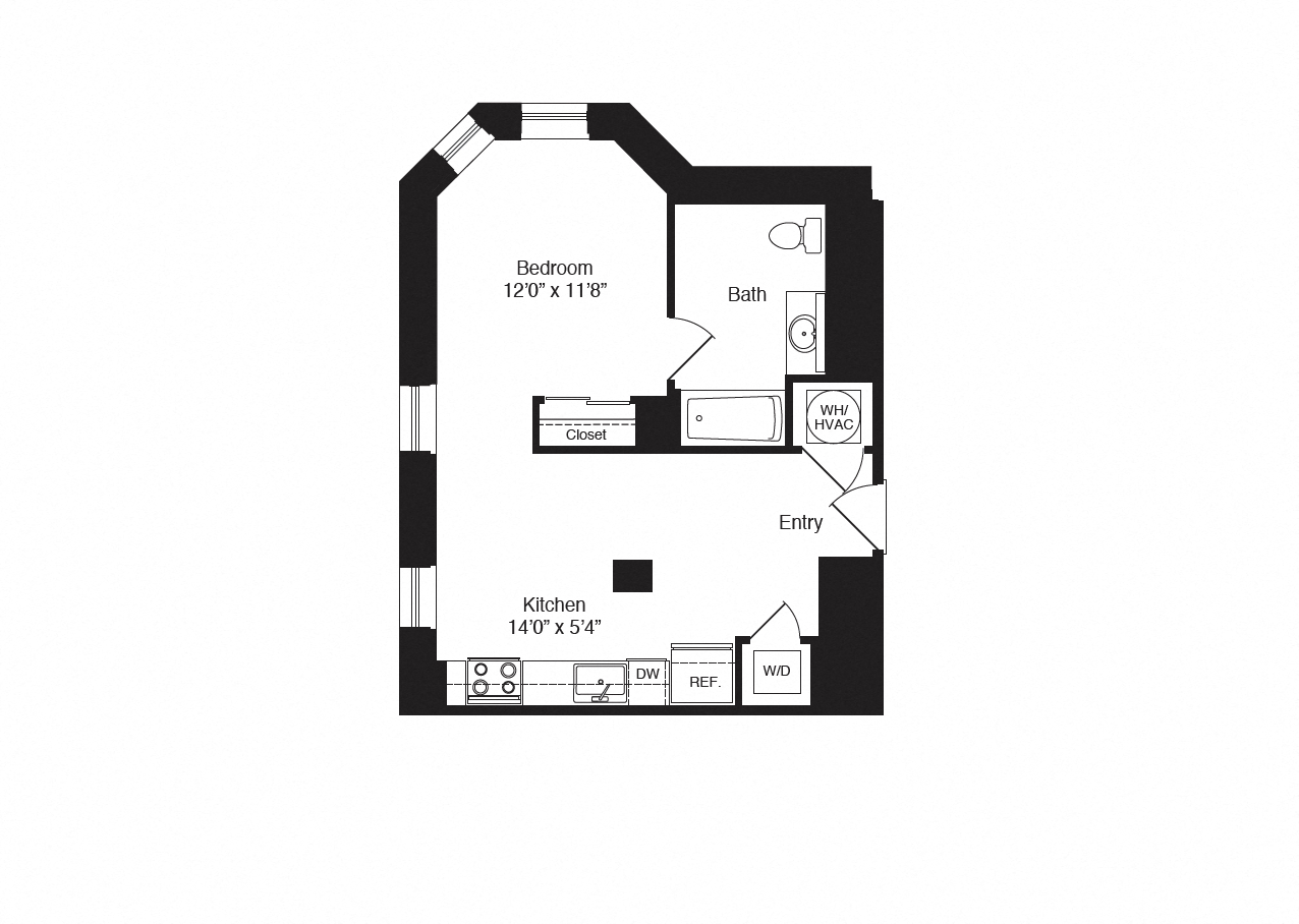 Floor plan for 1 bed, 1 bath, 573 sqft