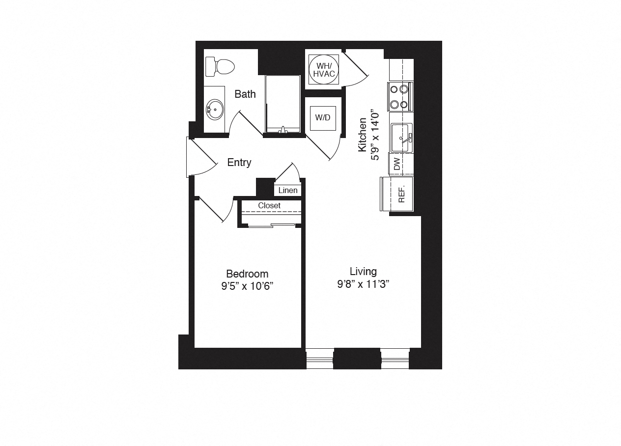 Floor plan for 1 bed, 1 bath, 545 sqft