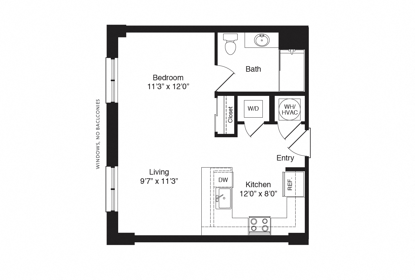 Floor plan for studio, 1 bath, 565 sqft