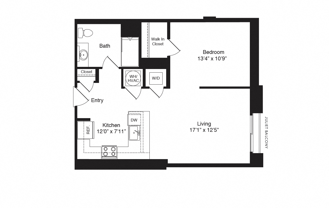 Floor plan for studio, 1 bath, 737 sqft