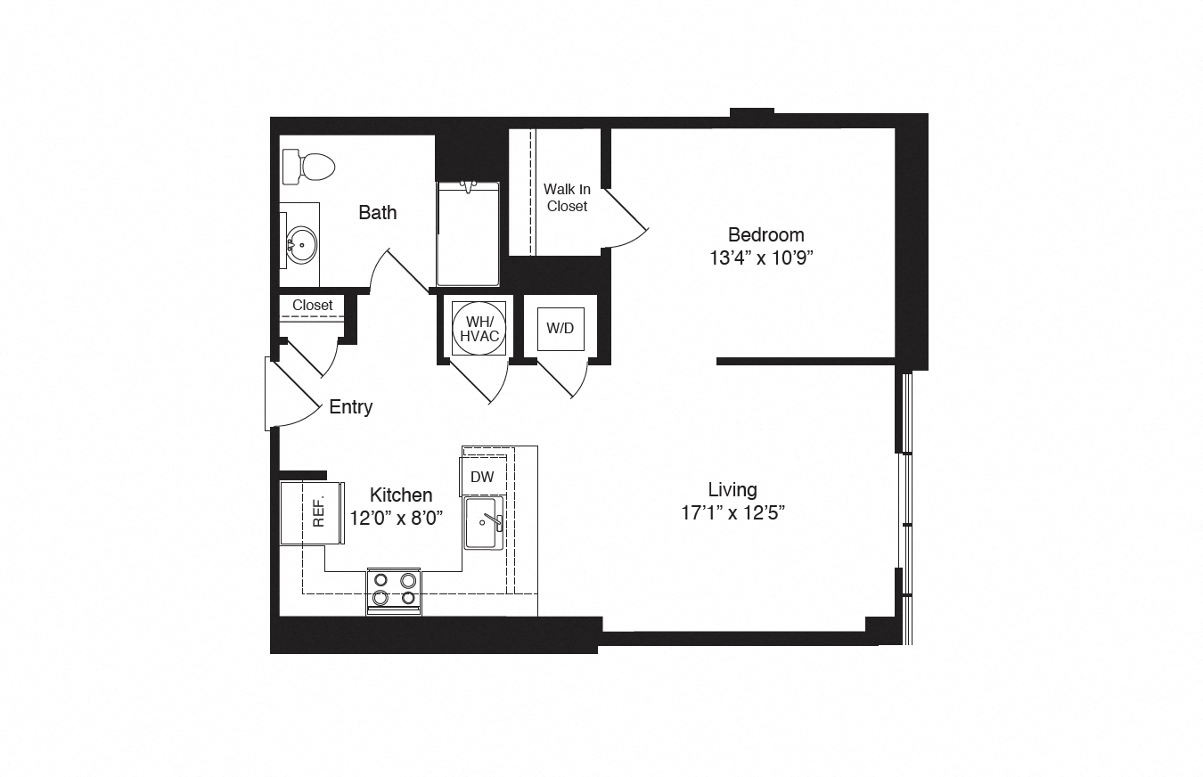 Floor plan for studio, 1 bath, 735 sqft