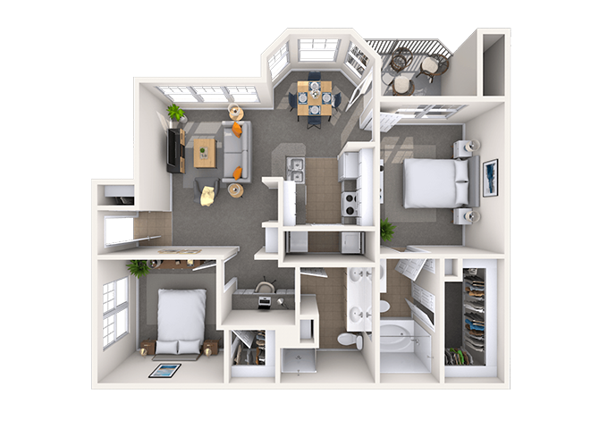 Floor plan for 2 beds, 2 baths, 970 sqft