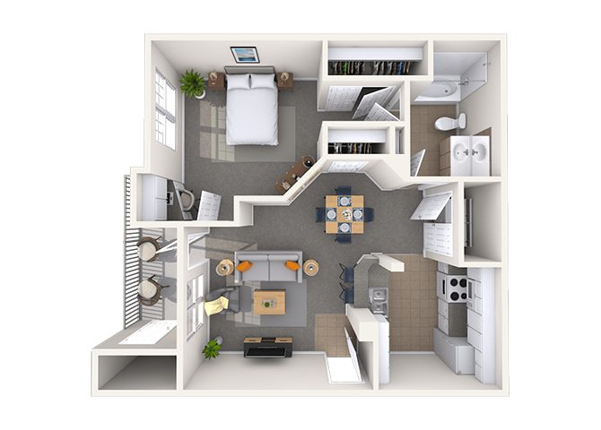 Floor plan for 1 bed, 1 bath, 635 sqft