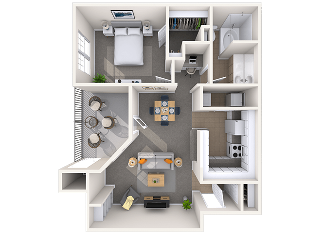 Floor plan for 1 bed, 1 bath, 738 sqft