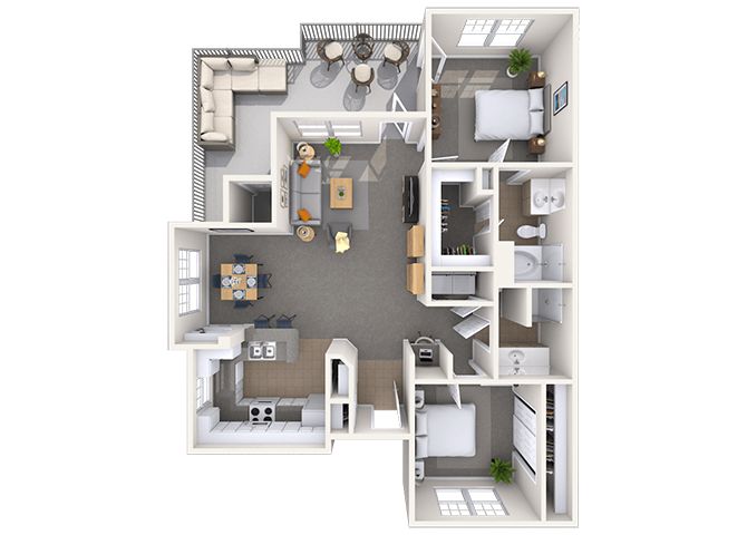 Floor plan for 2 beds, 2 baths, 1117 sqft
