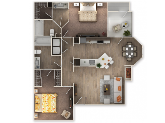 Floor plan for 2 beds, 2 baths, 1087 sqft