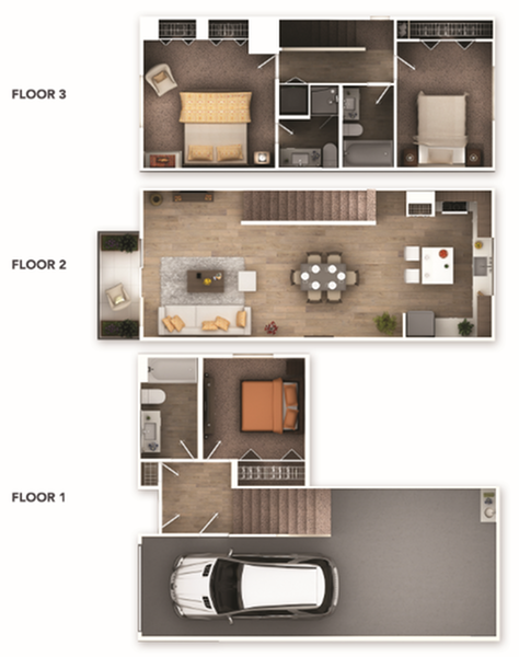 Floor plan for 3 beds, 3 baths, 1353 sqft