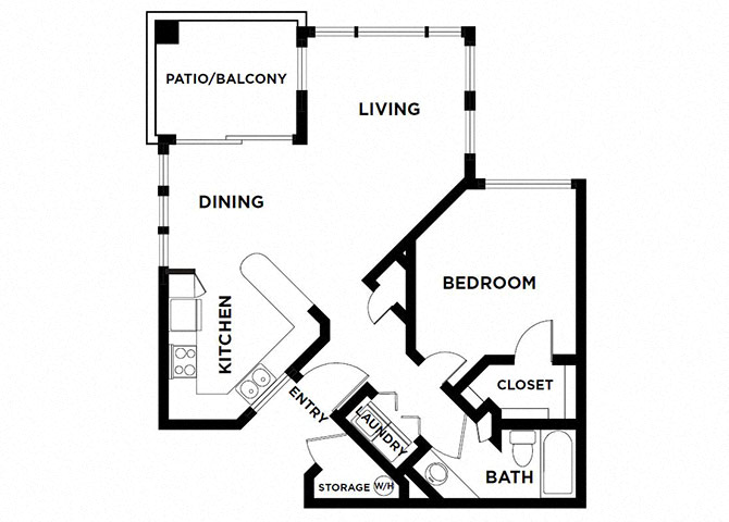 Floor plan for 1 bed, 1 bath, 802 sqft
