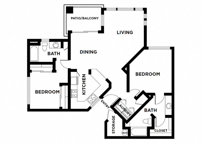 Floor plan for 2 beds, 2 baths, 1042 sqft