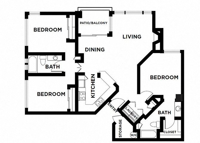 Floor plan for 3 beds, 2 baths, 1198 sqft