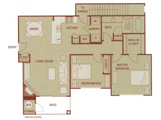 Floor plan for 2 beds, 1 bath, 1052 sqft