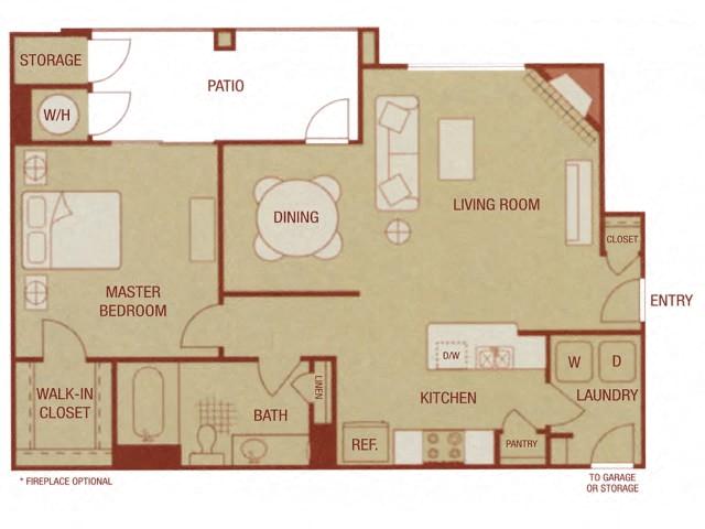 Floor plan for 1 bed, 1 bath, 853 sqft