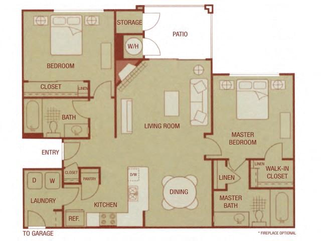 Floor plan for 2 beds, 2 baths, 1115 sqft