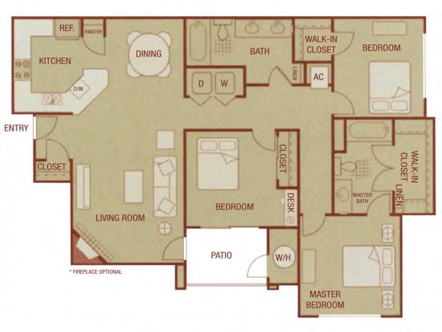 Floor plan for 3 beds, 2 baths, 1235 sqft
