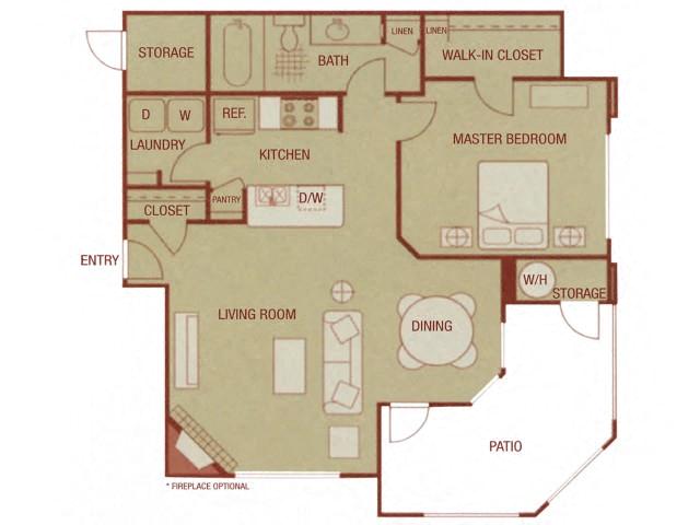 Floor plan for 1 bed, 1 bath, 780 sqft