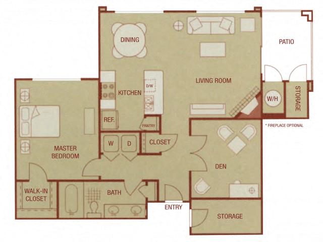 Floor plan for 1 bed, 1 bath, 934 sqft