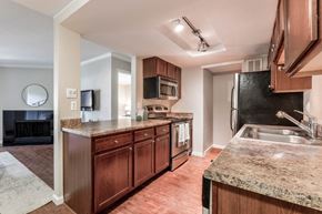 Aurora apartment for rent - Apartments for Rent in Aurora, CO - Copper Flats - Kitchen with Wood Plank Flooring, Dark Wood Cabinet, Stainless Steel Appliances, Granite Countertops, and Dual Sinks.