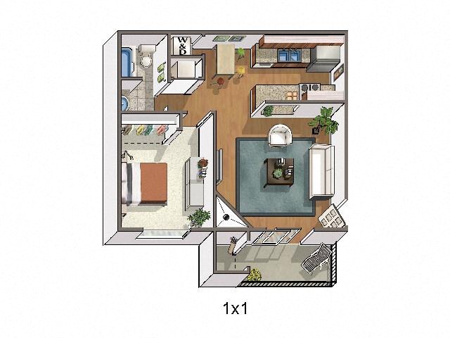 Floor plan for 1 bed, 1 bath, 644 sqft